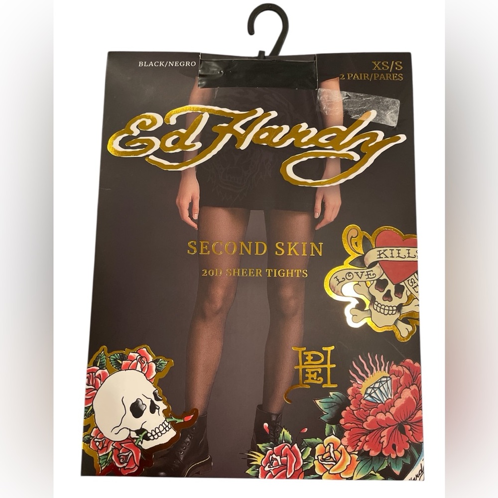 Ed Hardy Second Skin 20D Black Sheer Tights 2 Pair Size XS/S
